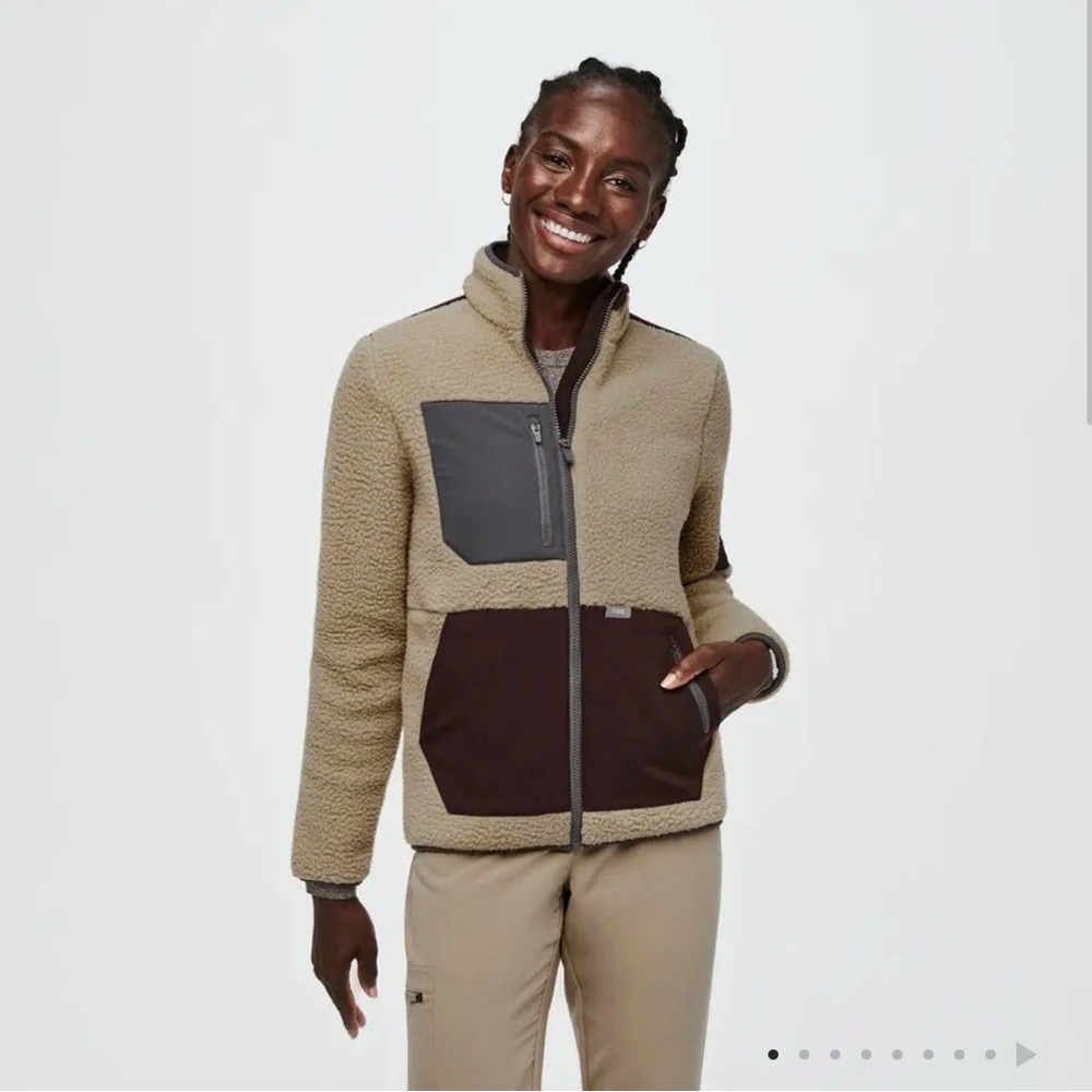 Figs Tan and Gray Teddy Jacket with Stand-Up Collar